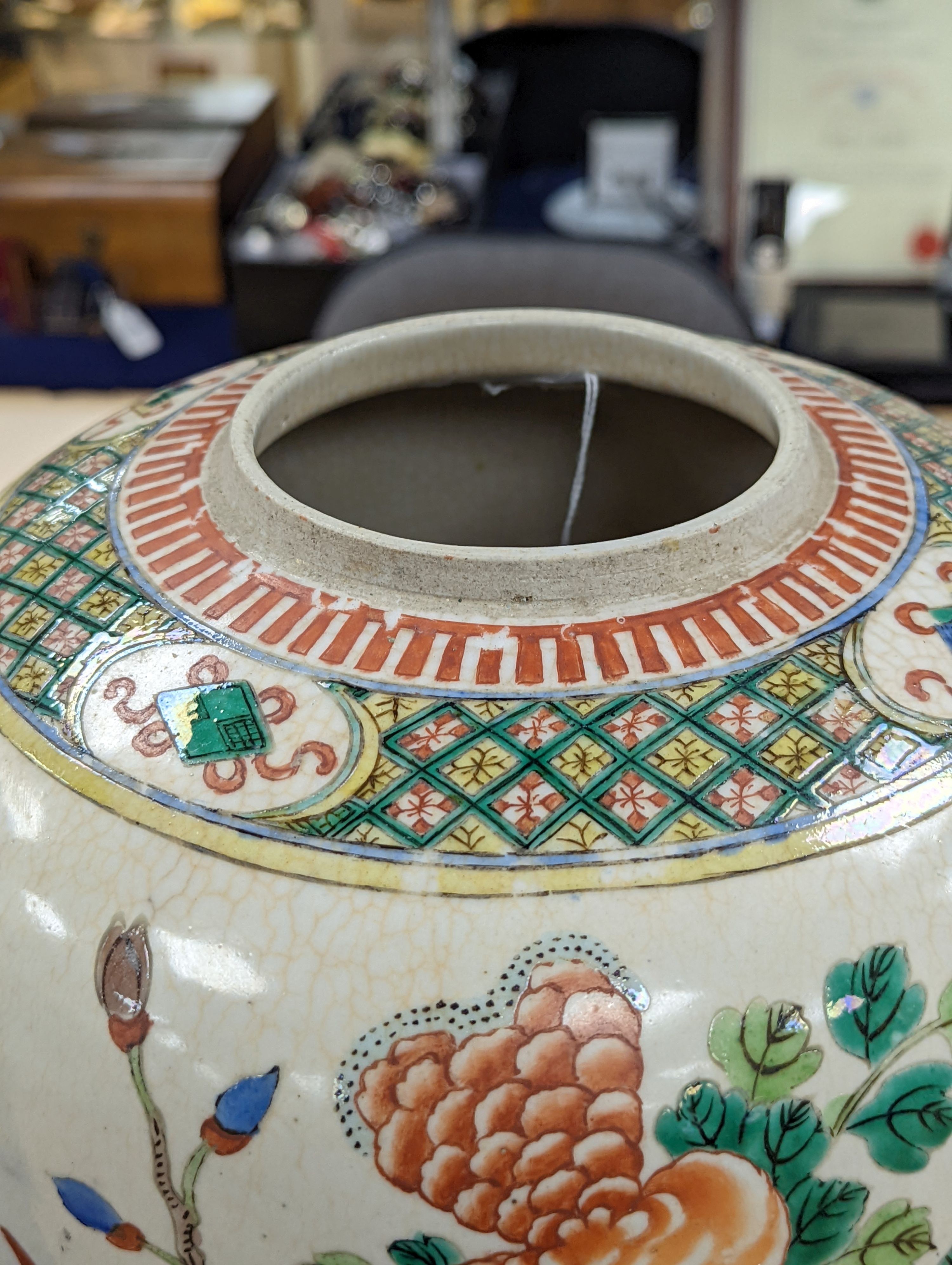 An early 20th century Chinese famille verte crackle glaze jar, 30cm